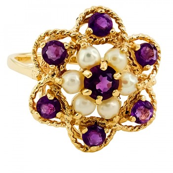 9ct gold Amethyst/Pearl Cluster Ring size O